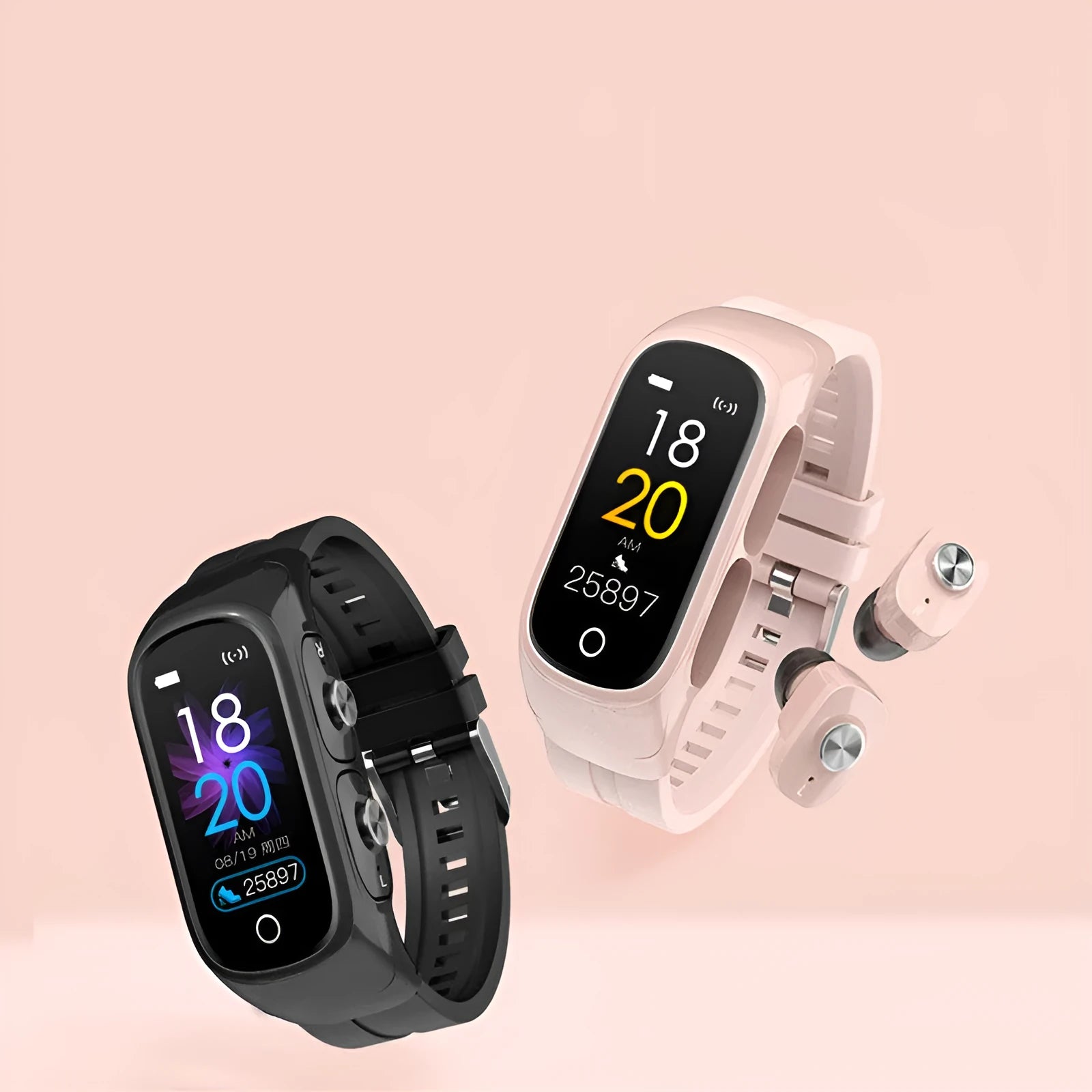 Bluetooth headset smartwatch with sport bracelet, touchscreen, and two wireless earbuds in Black