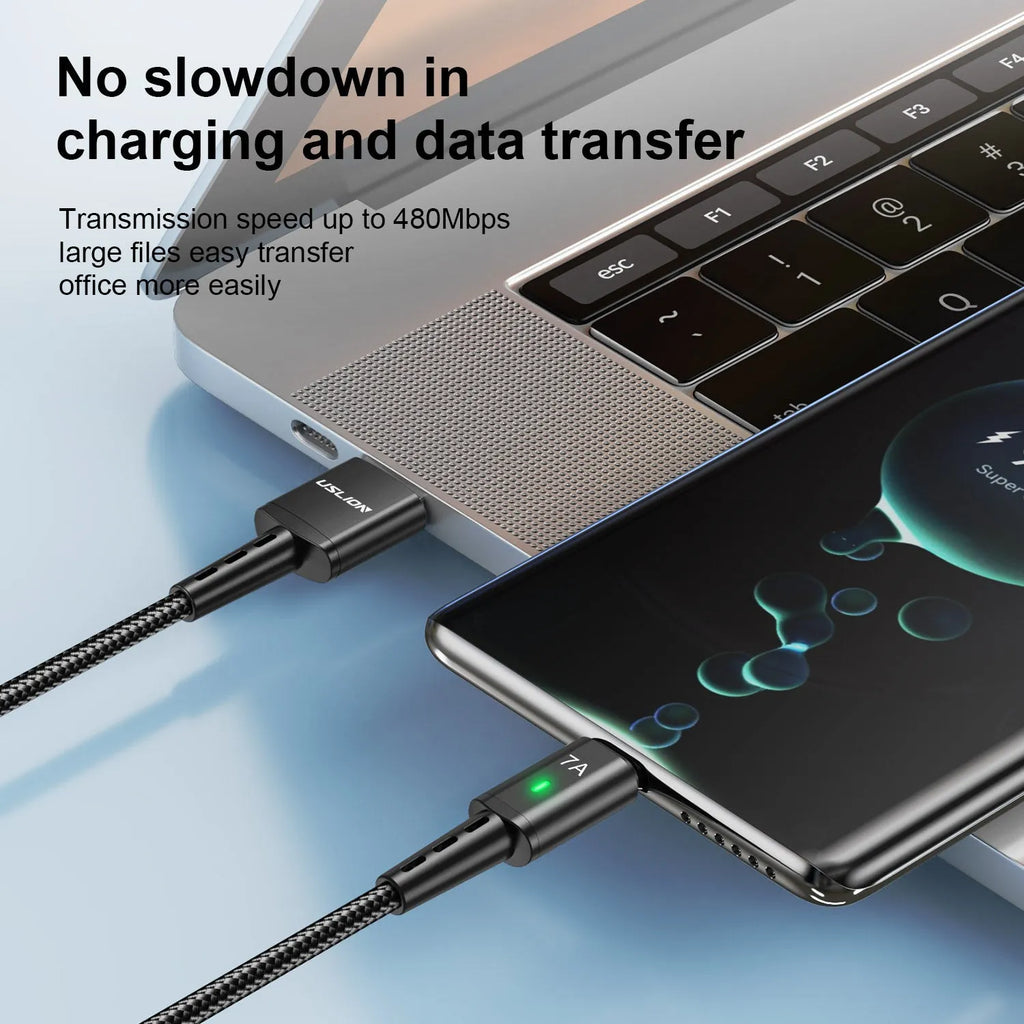 Braided Type-C charging cable with aluminium alloy connector in 2 metre length on a plain background