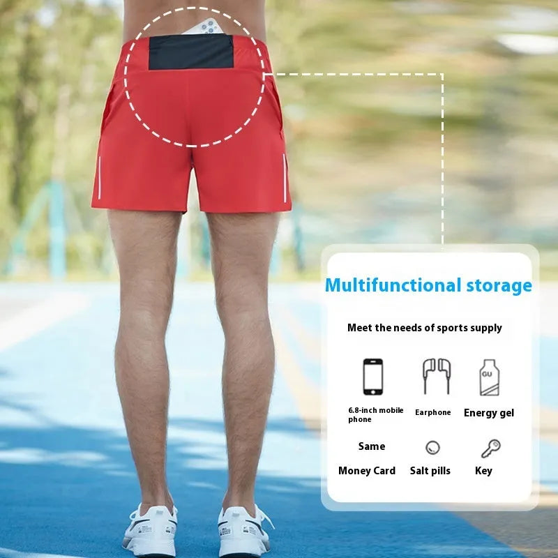 Men's black high-waist running shorts with loose fit and nylon lining for off-road and marathon running.
