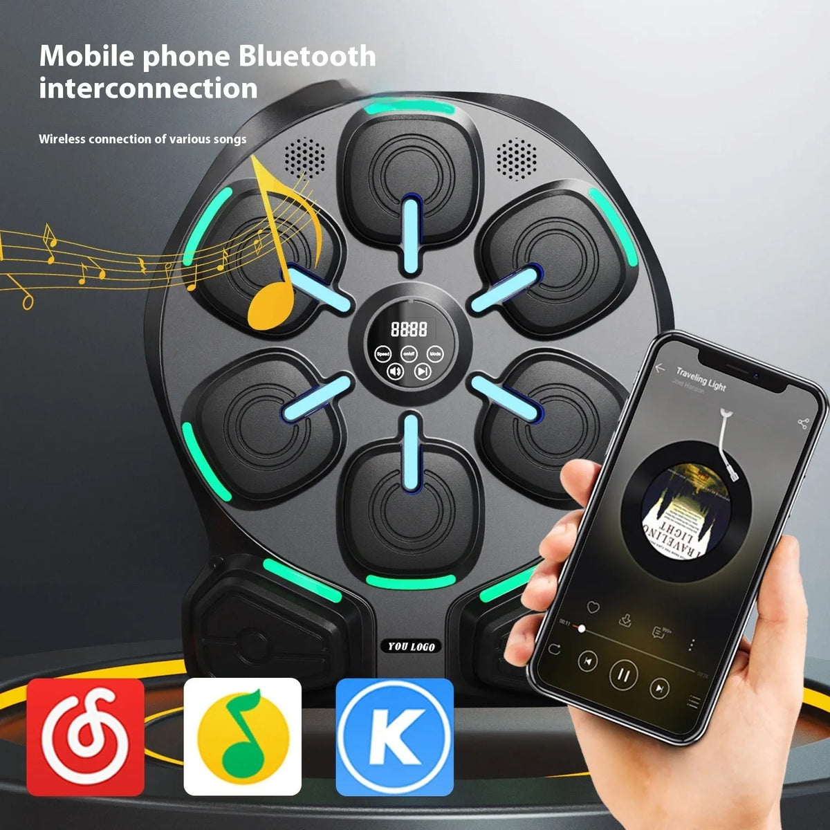 Black wall-mounted smart music boxing machine with PU 8-target double angle double light design and adult half finger gloves