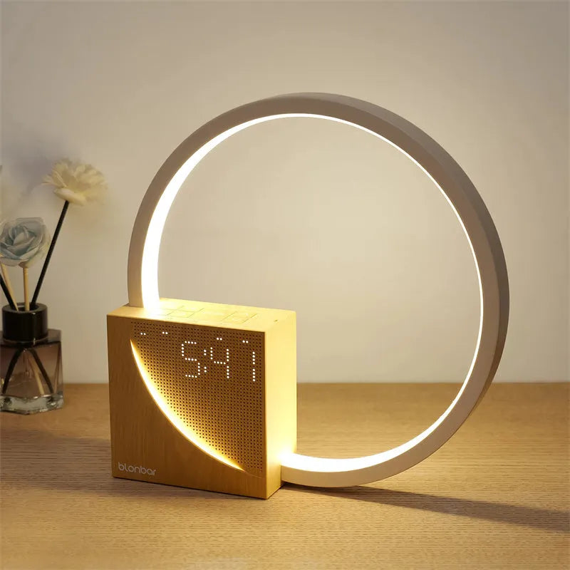 Multifunctional bedside table lamp with digital alarm clock display and touch controls for brightness and natural sounds
