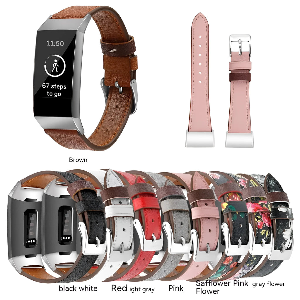 First layer cowhide watch strap for Fitbit Charge 3 and Charge 4, 18mm straight buckle, available in multiple colours and sizes