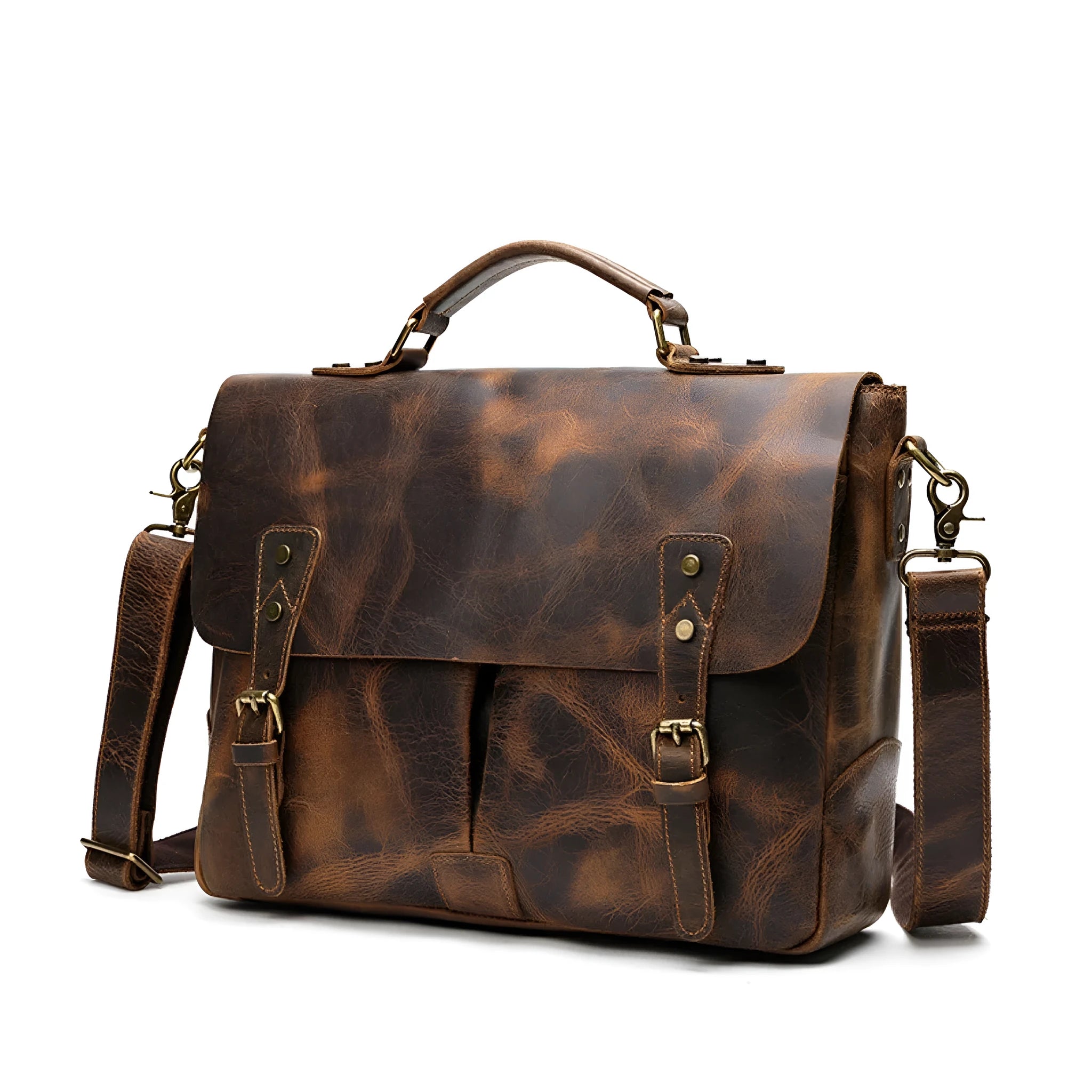 Leather 15 inch mens briefcase satchel in light brown with soft handle and messenger strap