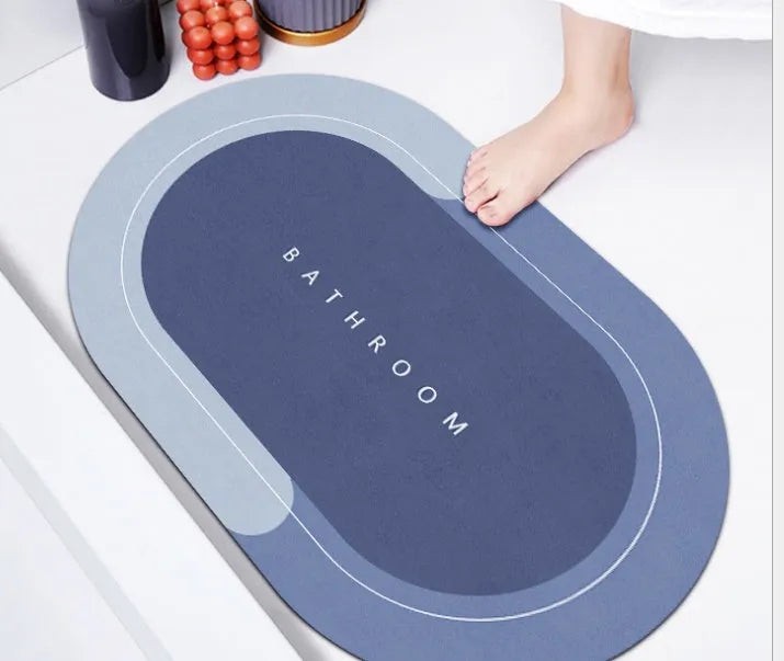 Bathroom absorbent floor mat with natural rubber backing in blue colour