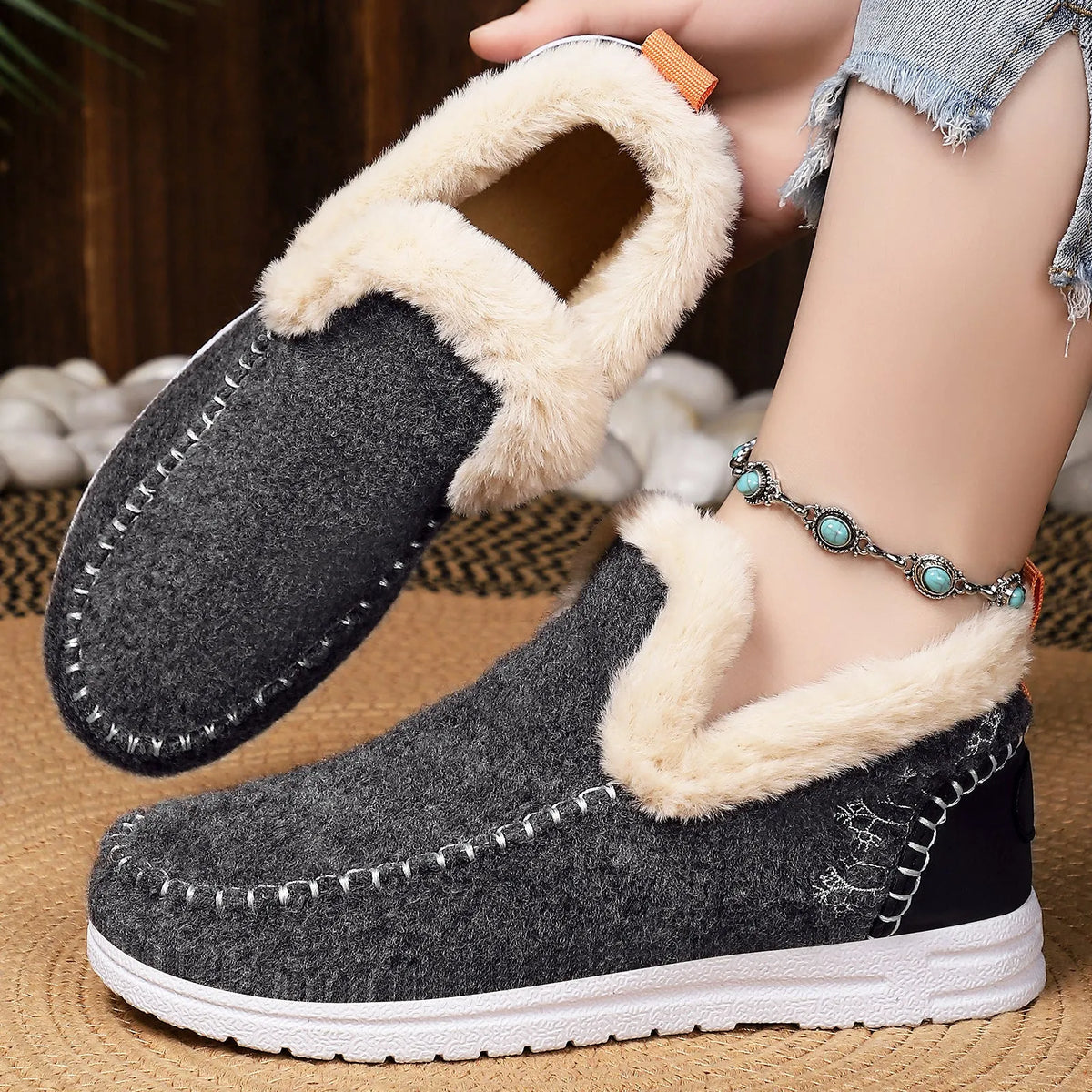 Pair of women's cold-proof cotton overboots with flat heel and PVC sole, shown in a choice of colours