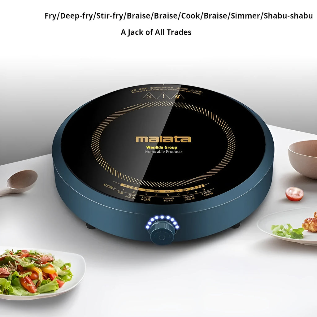 2200W induction cooker with circular 270mm design and knob control interface