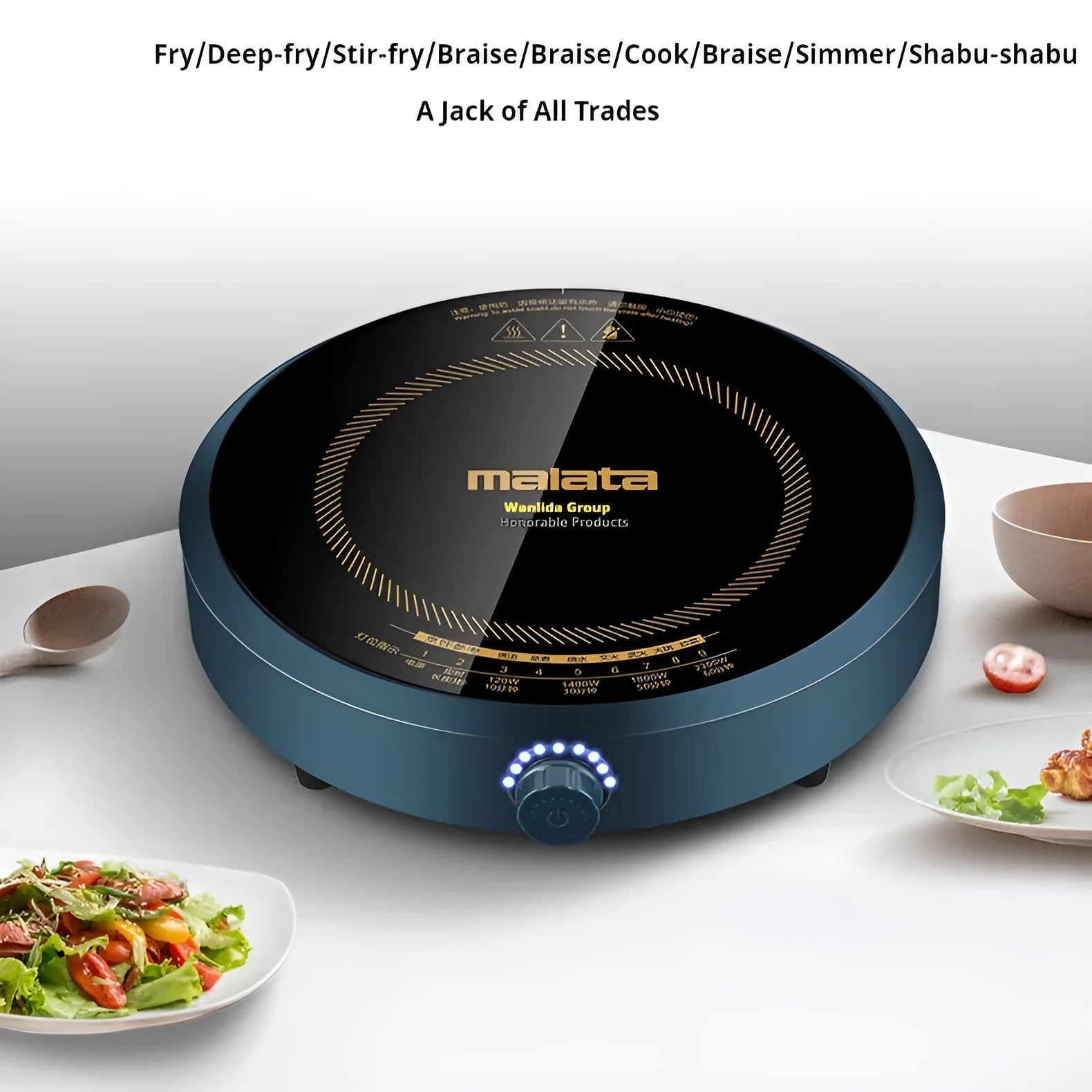2200W induction cooker with circular 270mm design and knob control interface
