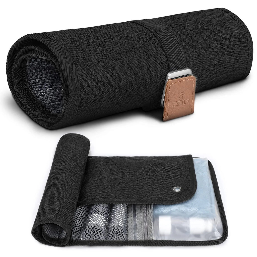 Men's black PU travel wash bag with portable reel design and storage compartments