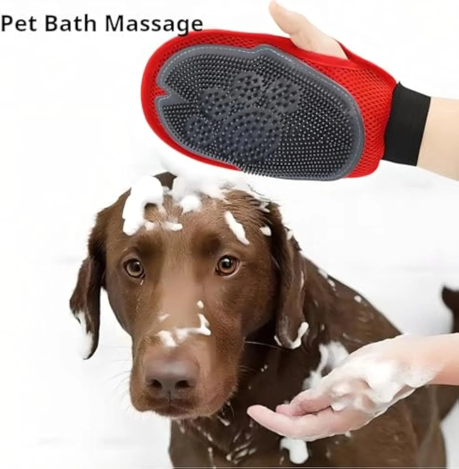 Red pet bathing grooming glove with integrated brush measuring 26cm by 16cm
