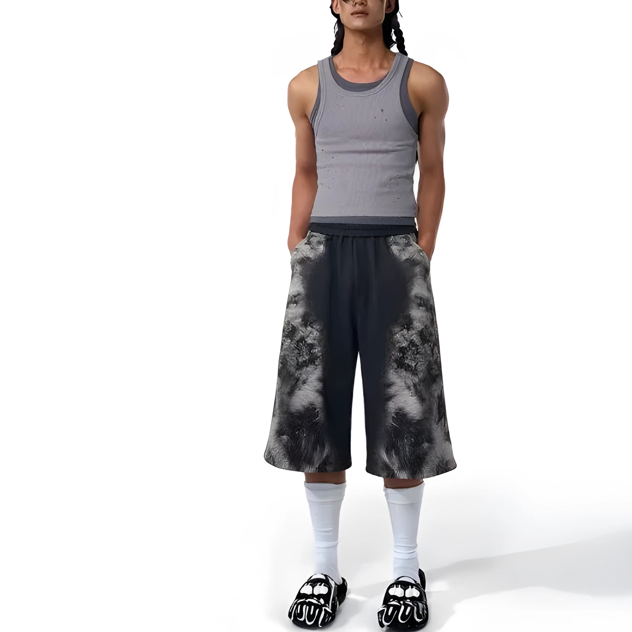 Streetwear co-ord set featuring printed loose trousers, a matching hoodie, and seven-inch shorts on a neutral background.