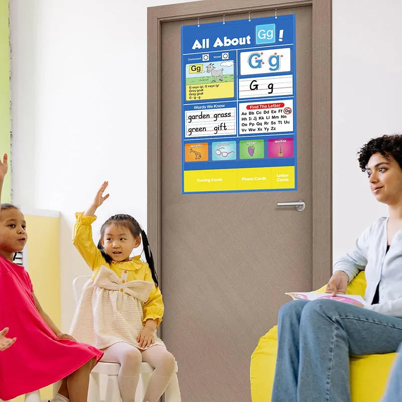 Child using large blue alphabet learning chart with picture and word cards on a wipe-clean 60x40cm surface.