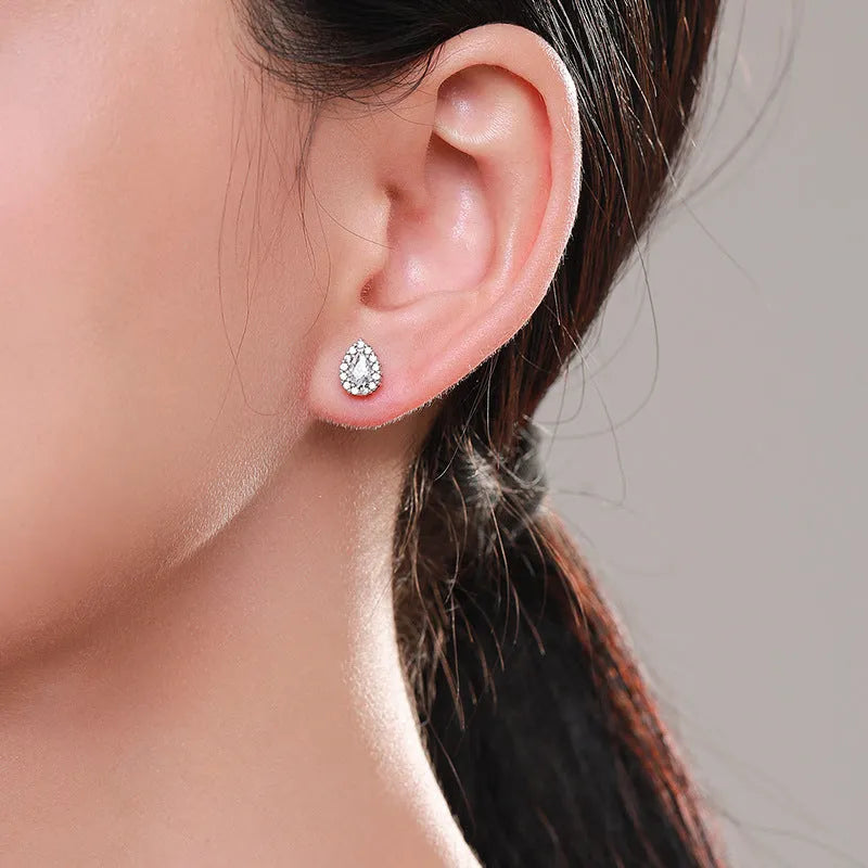 Women's silver water drop ear studs with diamond treatment on 925 sterling silver