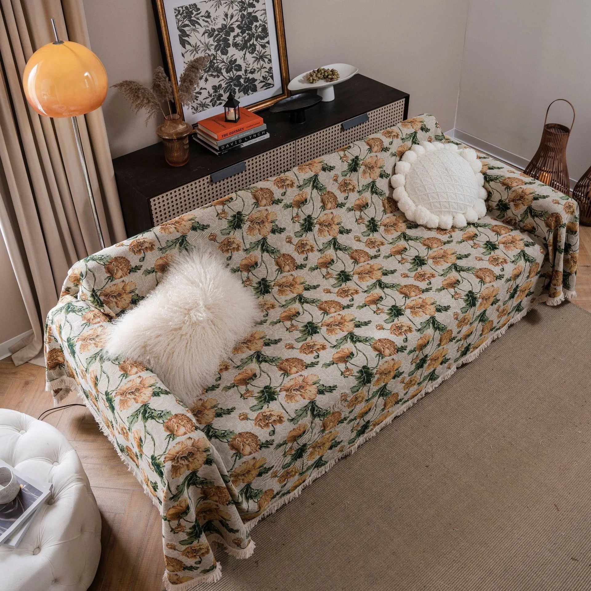 American country style jacquard sofa cover in polyester cotton fabric on a sofa.
