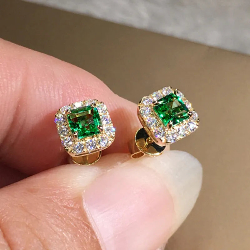 Square green zircon earrings with gold electroplated setting on copper base