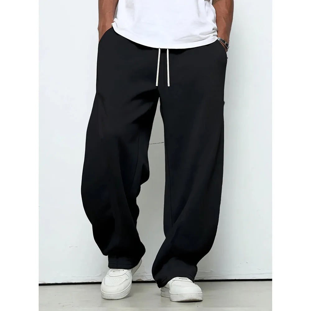 Men's casual straight leg trousers with micro-elastic waist in black, grey, and light grey options
