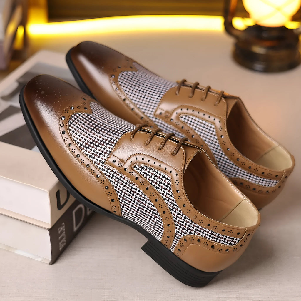 Men's black houndstooth pattern casual lace-up shoes with a square toe and rubber sole.