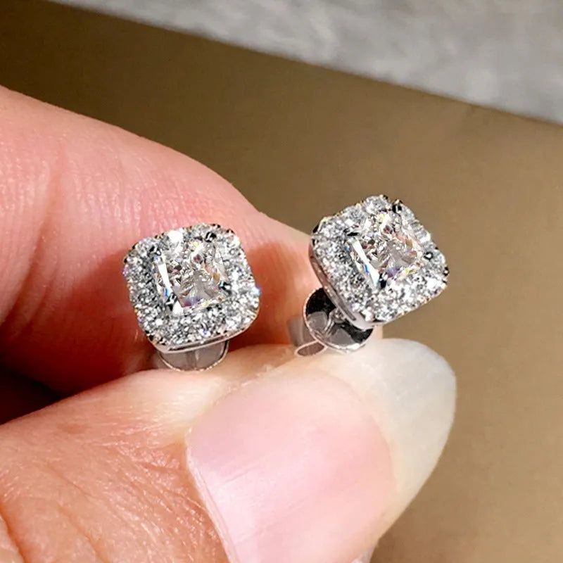 Square green zircon earrings with gold electroplated setting on copper base