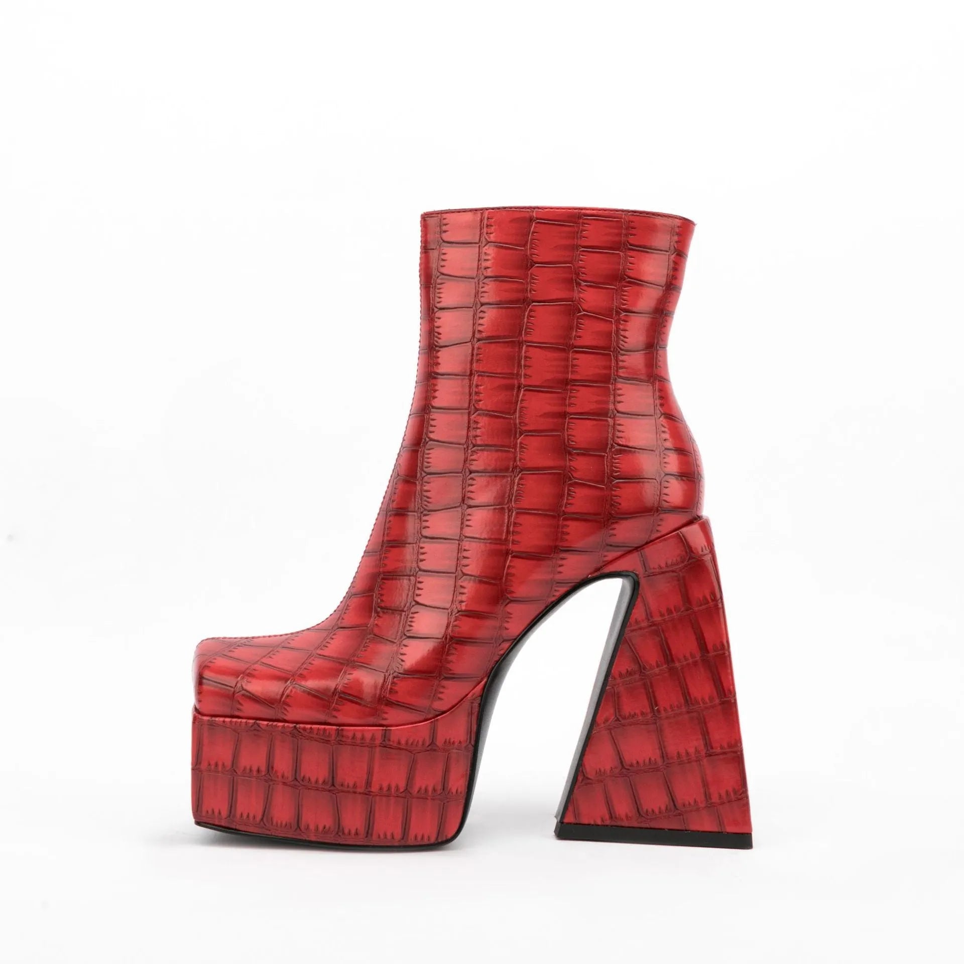 Women's super high heel ankle boots in red, green, black, beige, and brown colours with artificial PU upper.