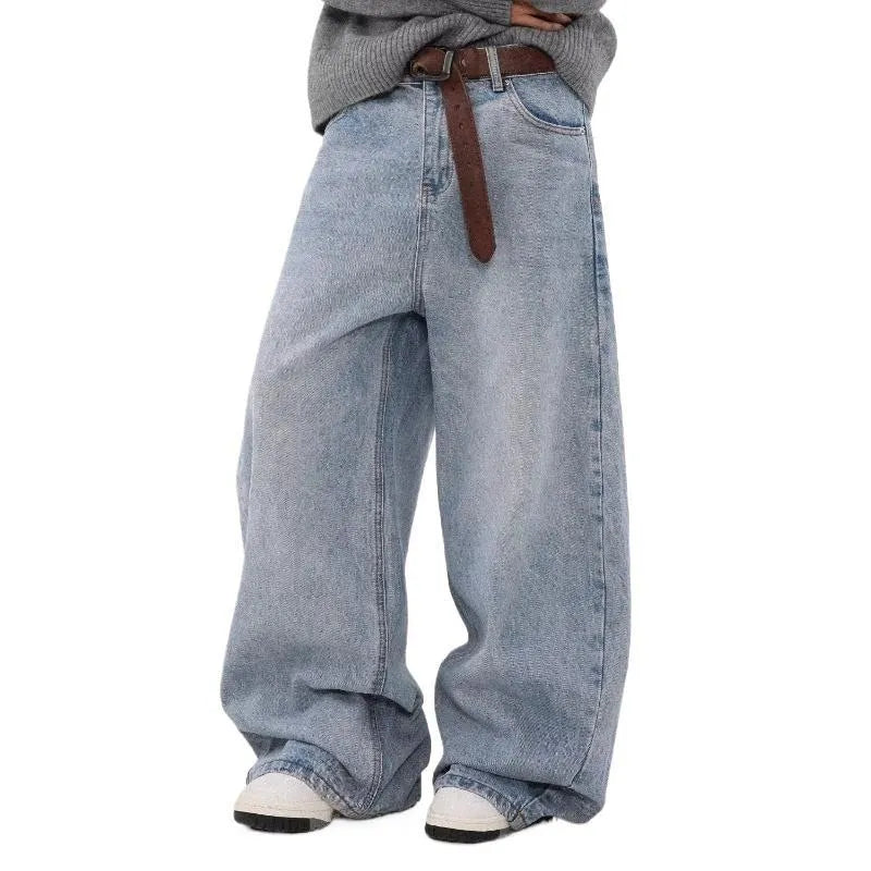 Blue retro washed distressed straight leg jeans with micro elastic cotton fabric and zipper fly