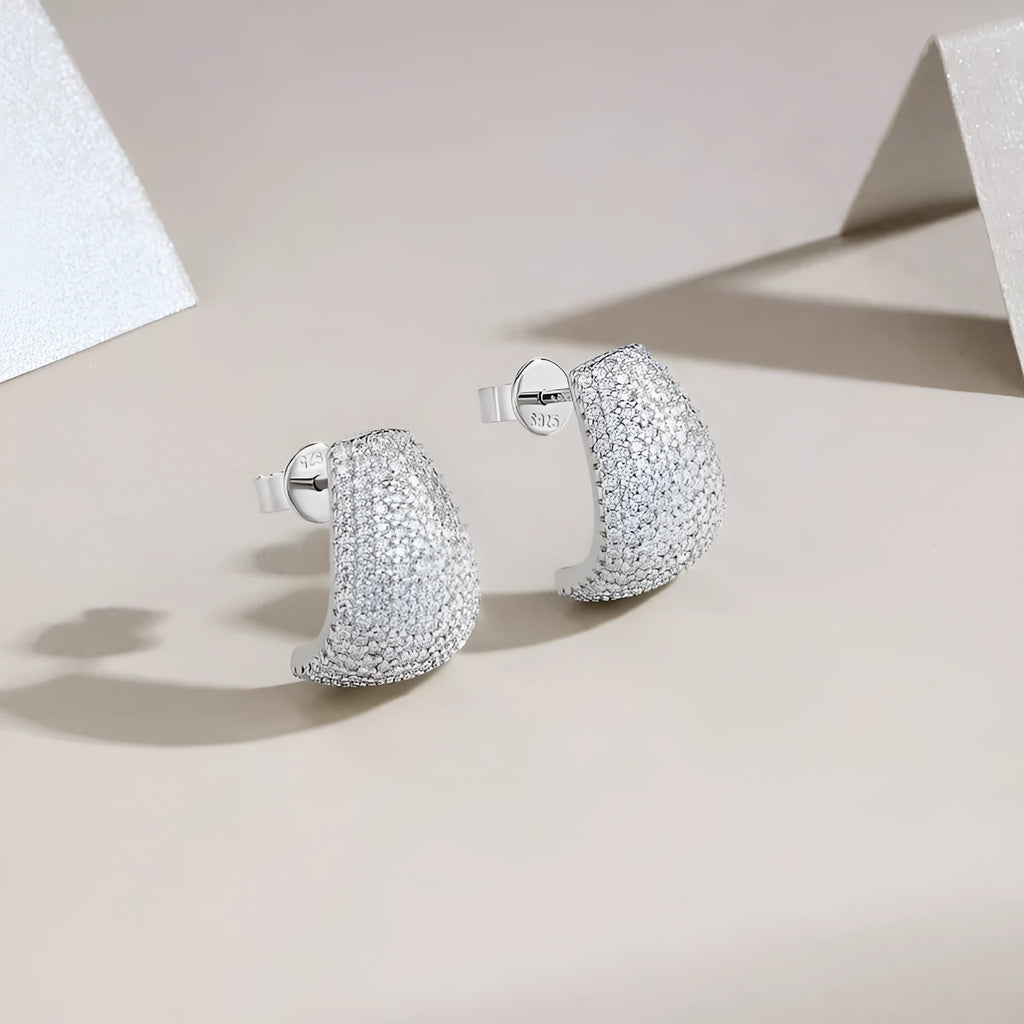 Geometric sterling silver ear studs with moissanite design in white colour