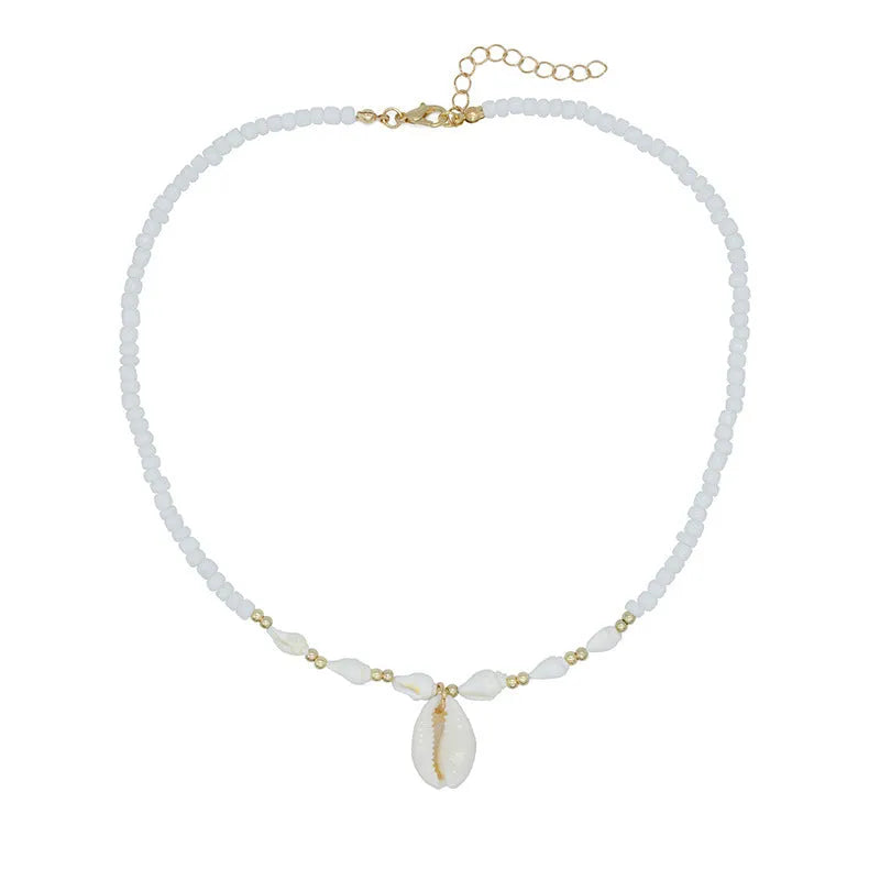 White conch shell bead necklace with a mother of pearl pendant on a regular chain.