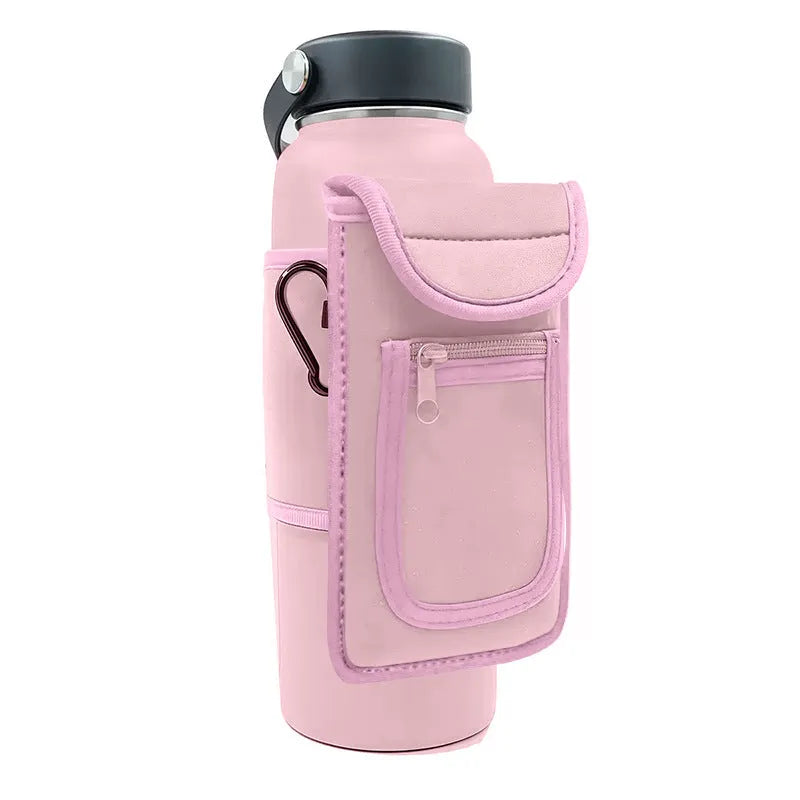 Fitness water bottle cover in cloth with a choice of magnetic clasp or carabiner clip in various colours.