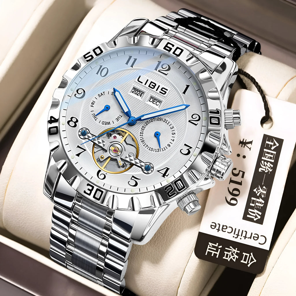 Silver stainless steel men's automatic perpetual calendar watch with sapphire glass on a wrist.
