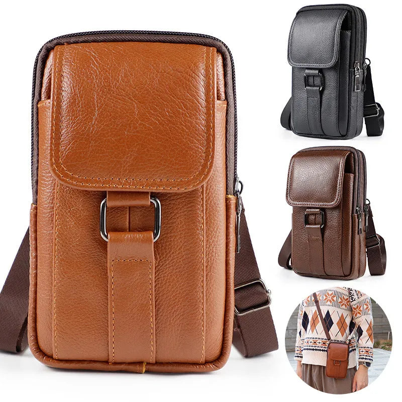 Men's black leather crossbody waist bag showing vertical square shape and lock detail.