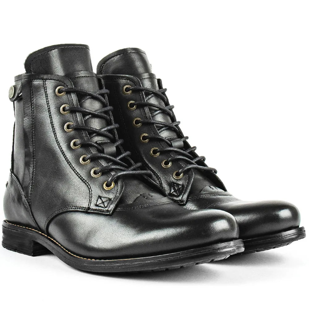 Men's black and brown two-tone leather boot with a side zip and low heel.