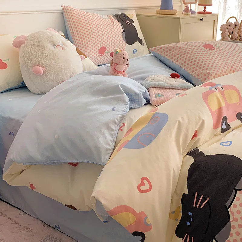 Cartoon dog print pure cotton duvet cover set with fitted sheet on a single bed