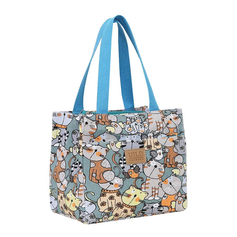 Women's printed canvas tote bag in a horizontal square shape with floral and cat design options.