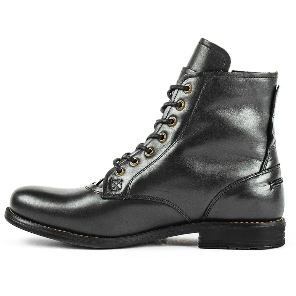Men's black and brown two-tone leather boot with a side zip and low heel.