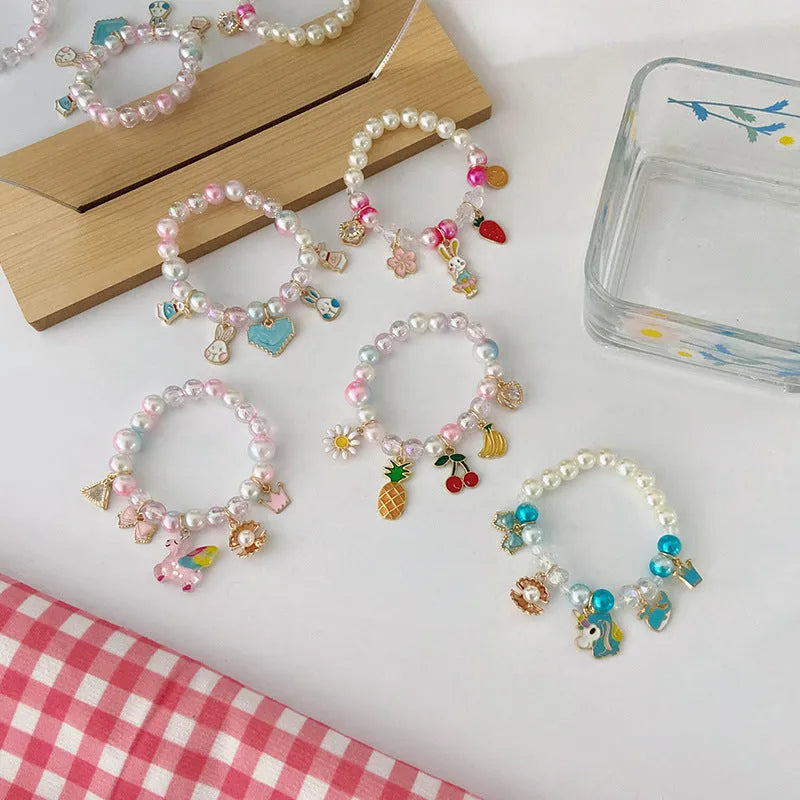 Children's cartoon pearl bracelet with gradient colour shell and alloy beads, cute cat style design