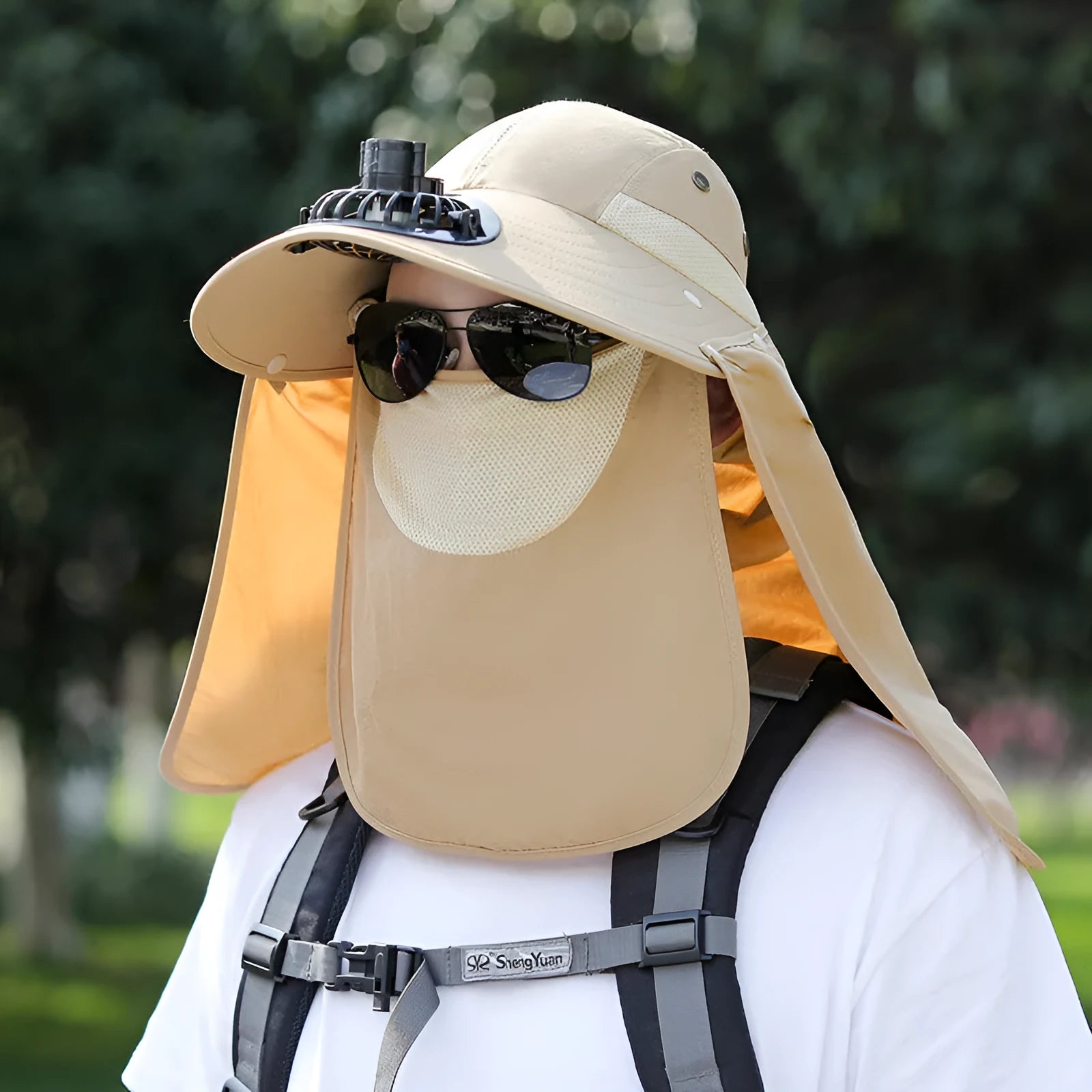 Men's sun protection hat with USB fan and face covering shawl in khaki colour for outdoor activities