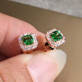 Square green zircon earrings with gold electroplated setting on copper base