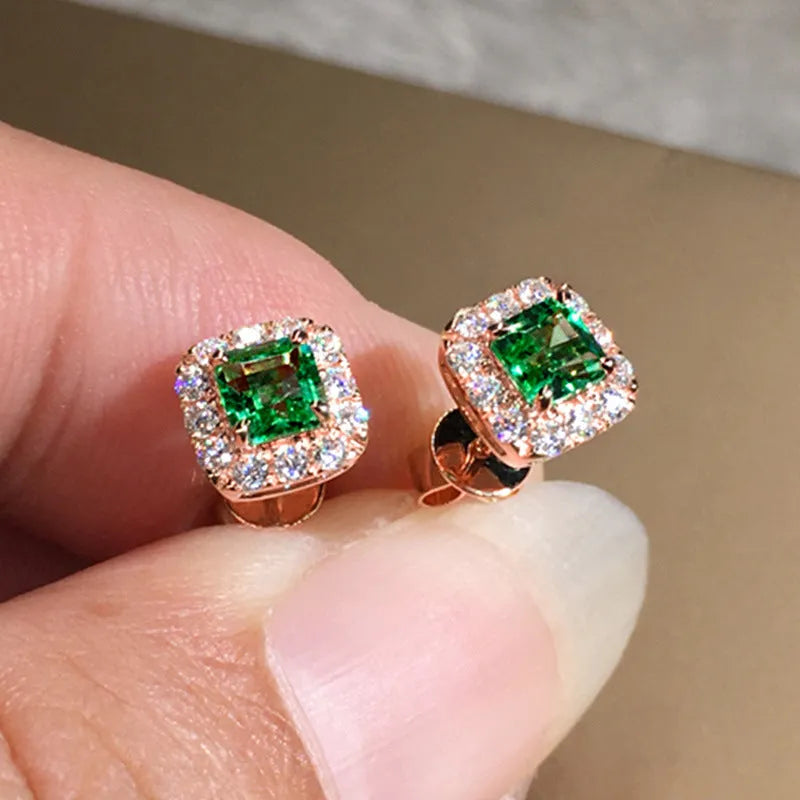 Square green zircon earrings with gold electroplated setting on copper base
