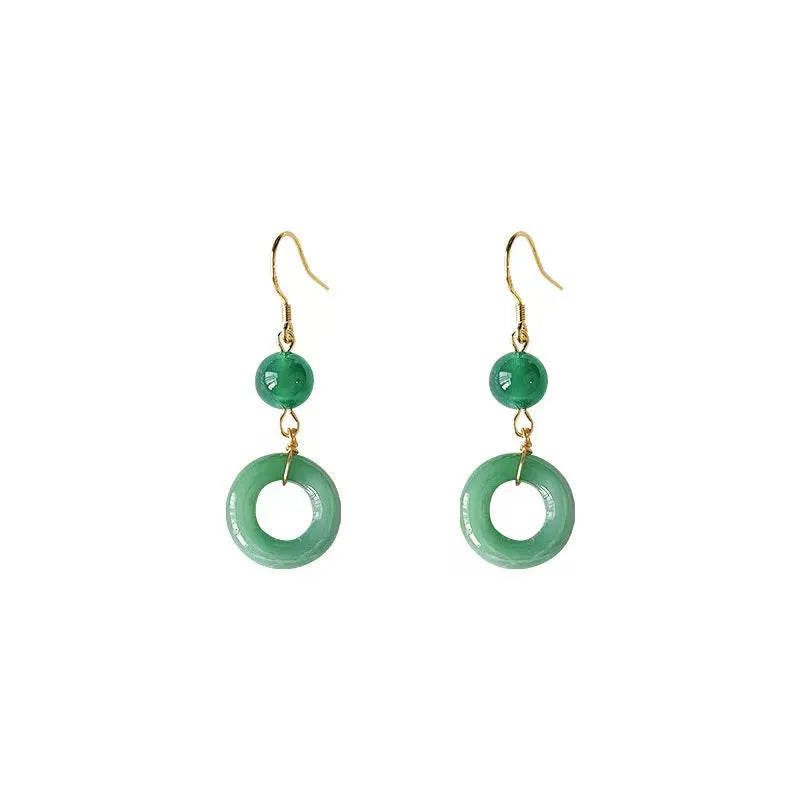 Green Chinese peace buckle earrings with geometric design and gold plating