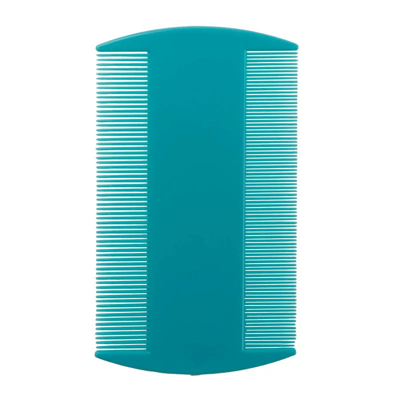 Close-up of a double-edged fine-tooth lice comb with coloured plastic handle and metal teeth.