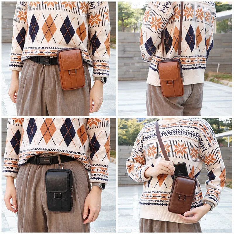 Men's black leather crossbody waist bag showing vertical square shape and lock detail.