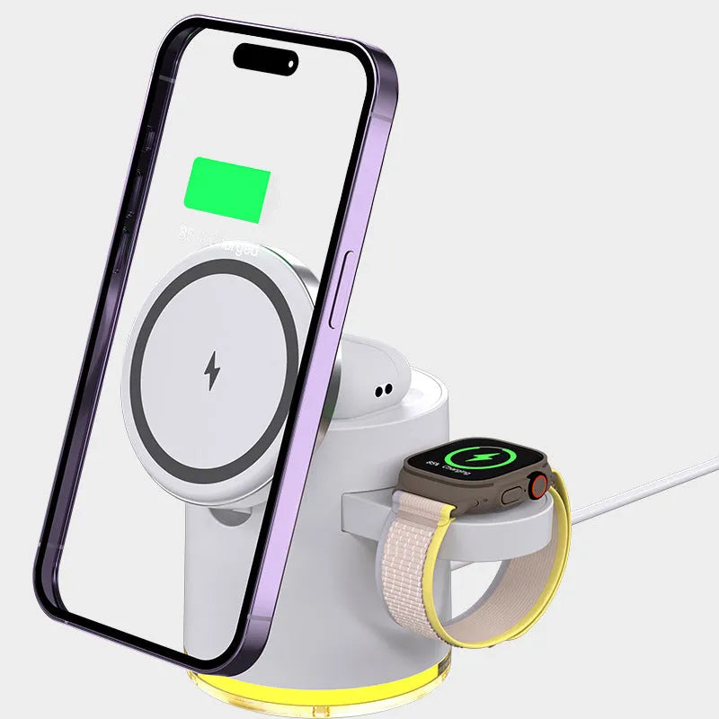 Portable ivory white magnetic folding wireless charger showing phone, watch, and earbuds charging simultaneously.