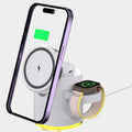 Portable ivory white magnetic folding wireless charger showing phone, watch, and earbuds charging simultaneously.