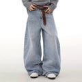 Blue retro washed distressed straight leg jeans with micro elastic cotton fabric and zipper fly