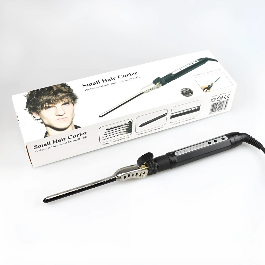 Small black 7mm rotatable clip hair curler with wired power cord