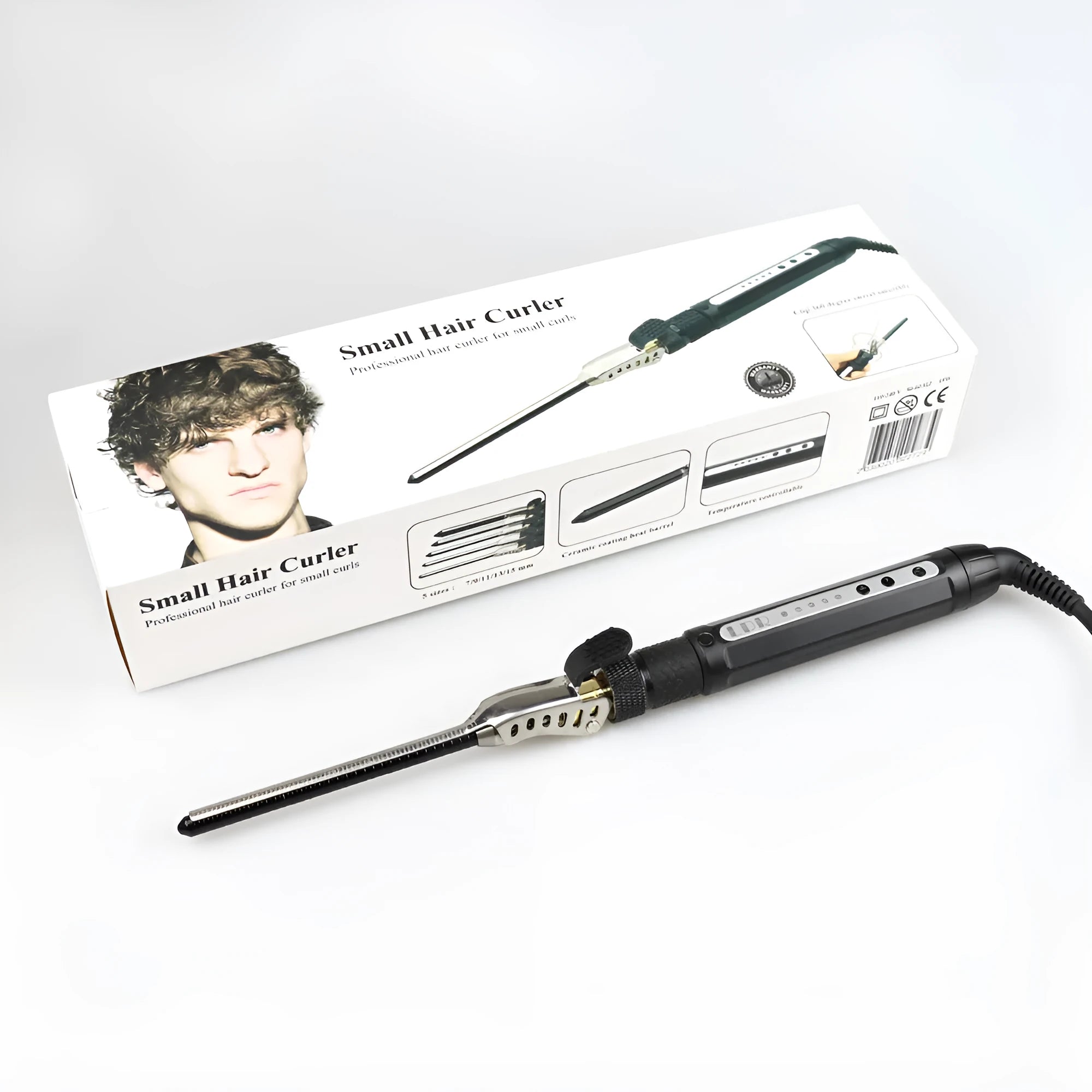 Small black 7mm rotatable clip hair curler with wired power cord