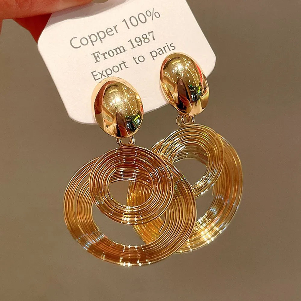 Retro circle exaggerated earrings for women gold silver alloy geometric 5.5 x 3.3 cm