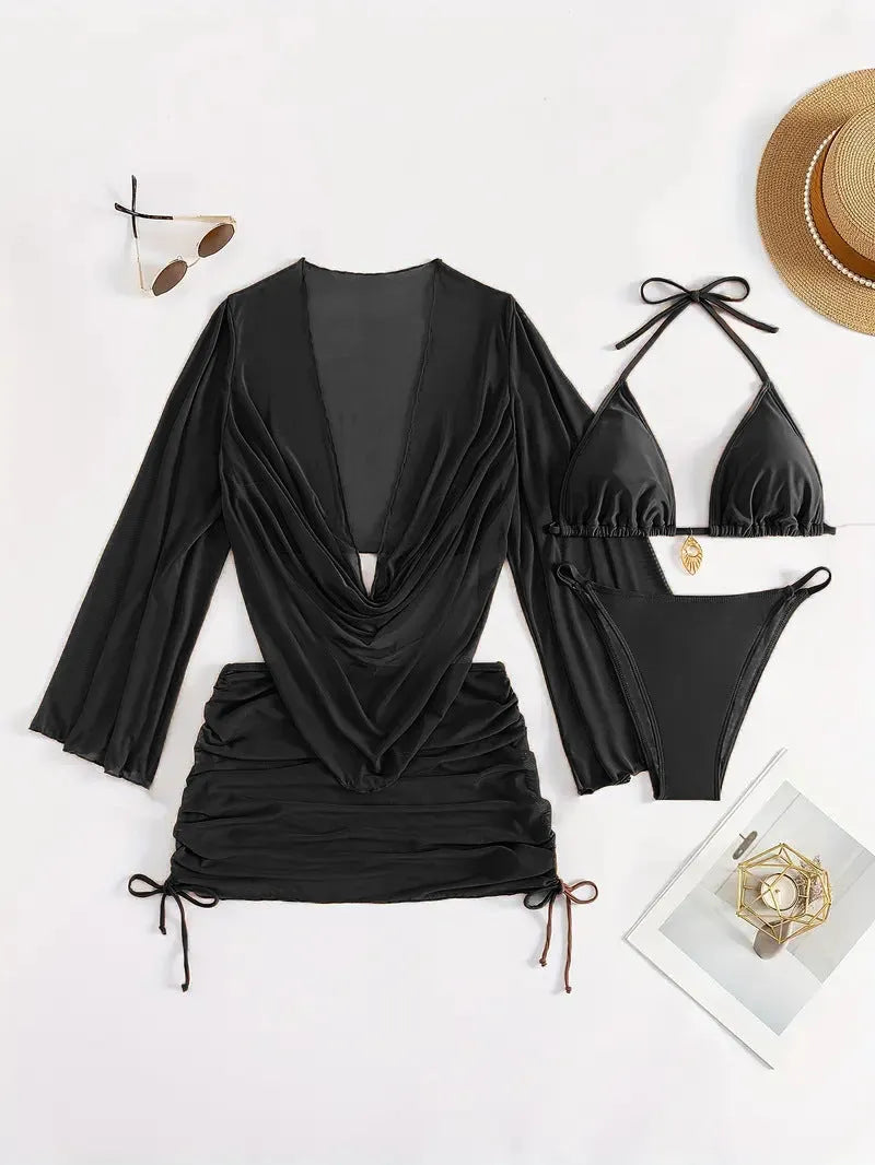 Dark brown lace-up bikini swimsuit set for women on a mannequin, showing backless design.