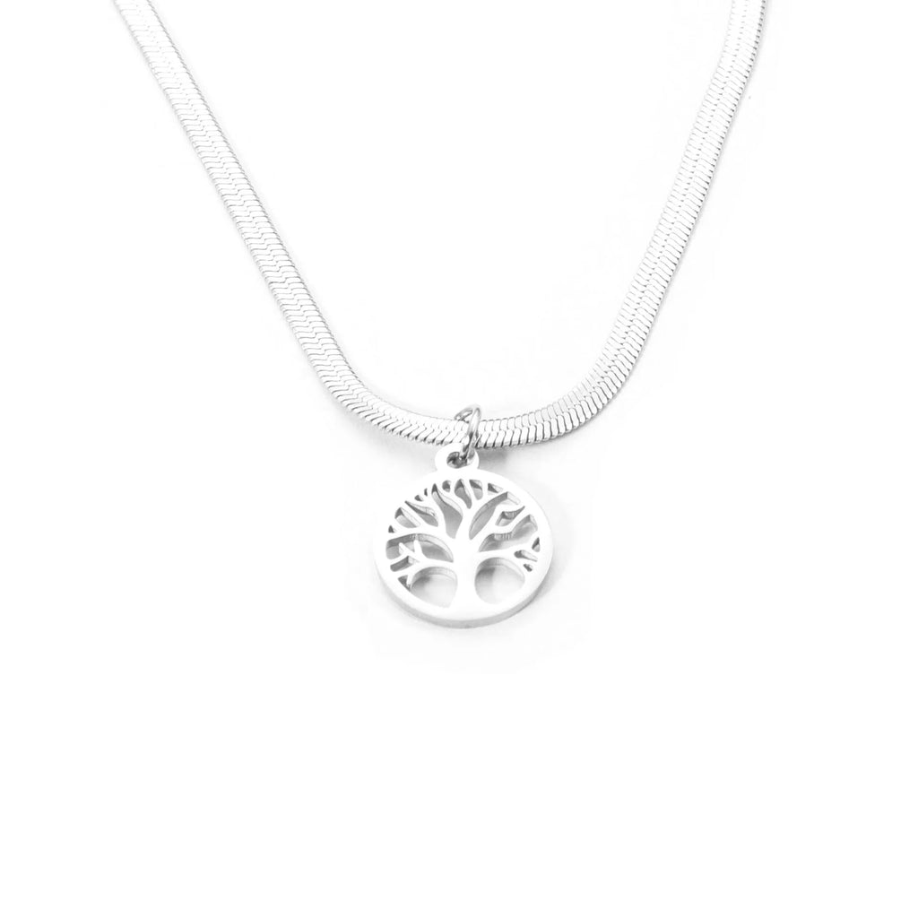 Gold and steel colour adjustable lucky tree pendant necklaces on a snake bones chain.