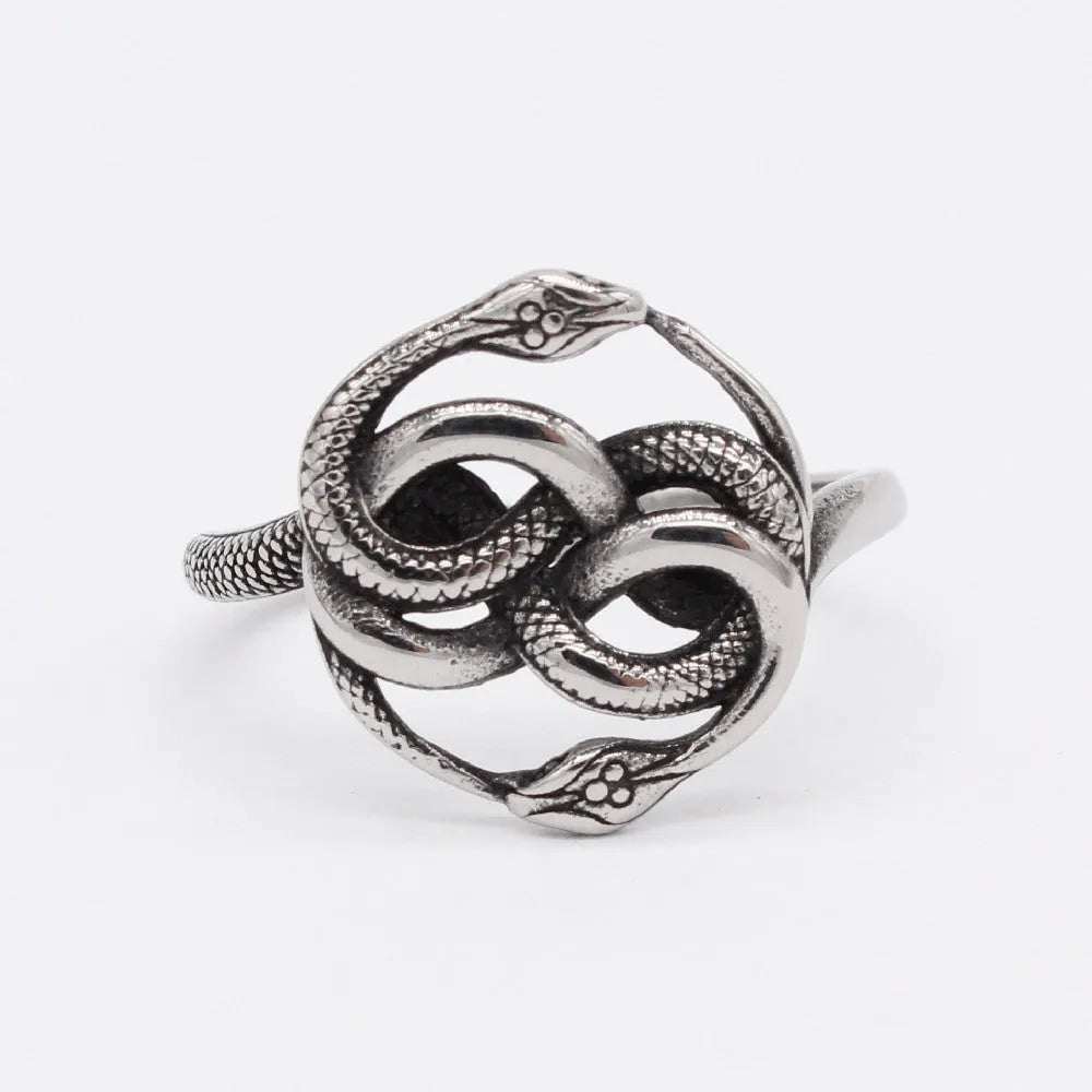 Steel coloured titanium steel double snake ring with a retro design on a finger.