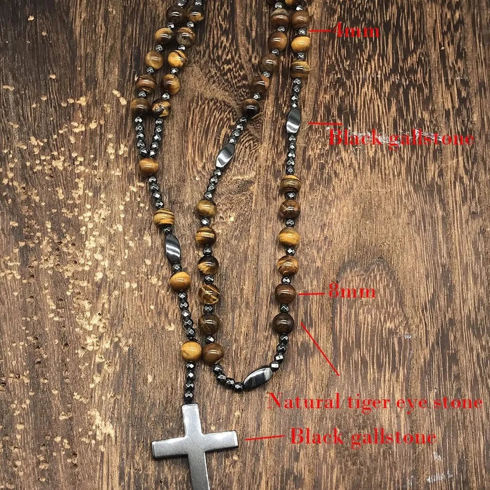 Stone cross pendant necklace with geometric design on 80cm bead chain