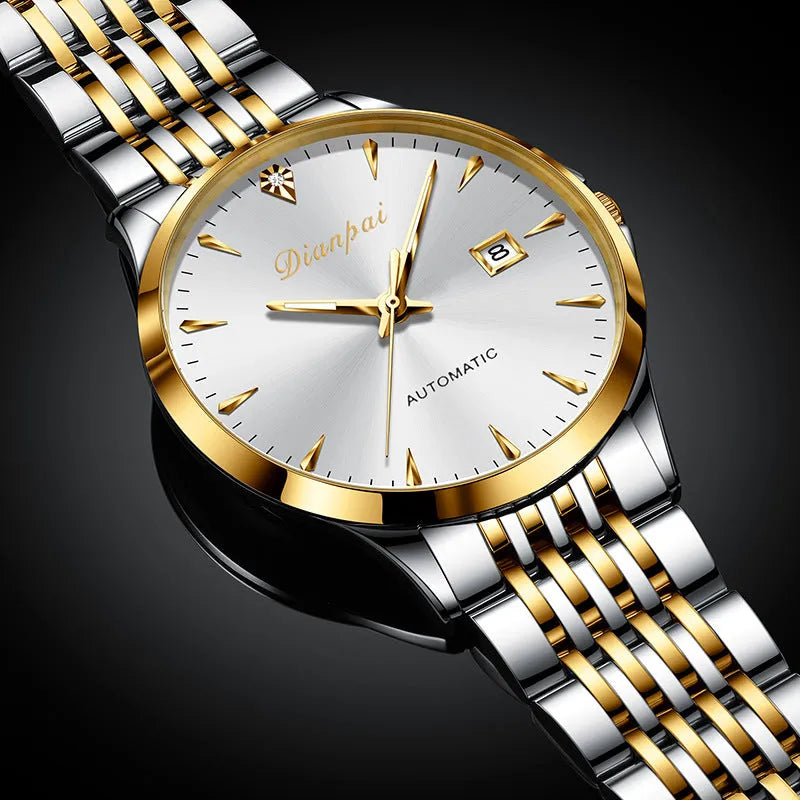 Men's simple dial automatic watch with stainless steel strap and mineral glass crystal.